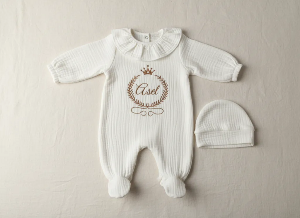 İsimli Müslin Tulum ve  Bebek Şapkası (0-3 Ay)