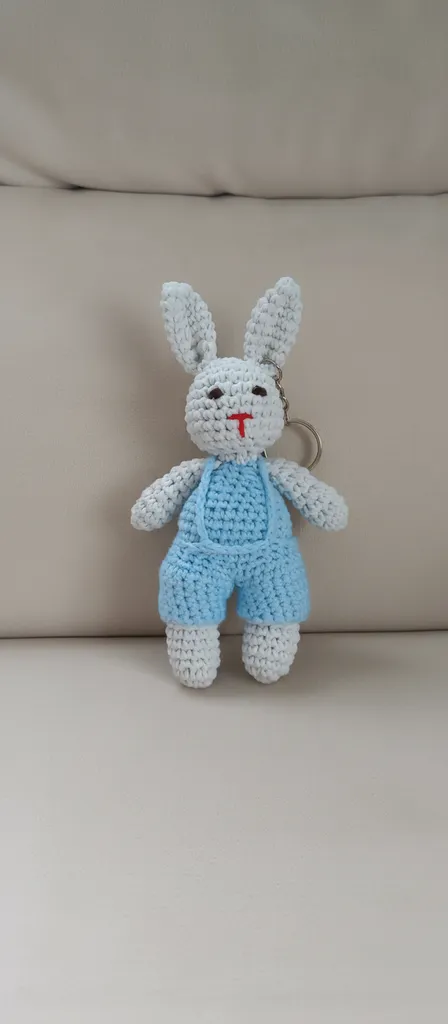 Knitted Rabbit Keychain with Blue Pants - Organic Toy Doll