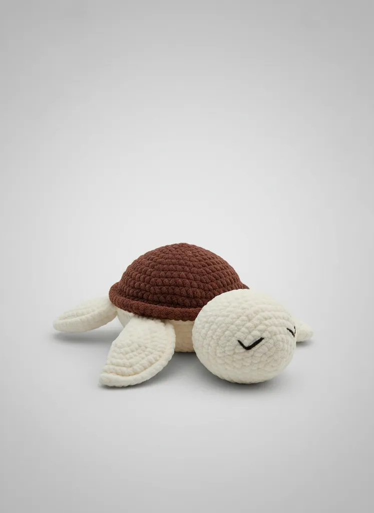 Krem ve Kahve Kadife İpten Örme Kaplumbağa Oyuncak - 33cm, El Yapımı