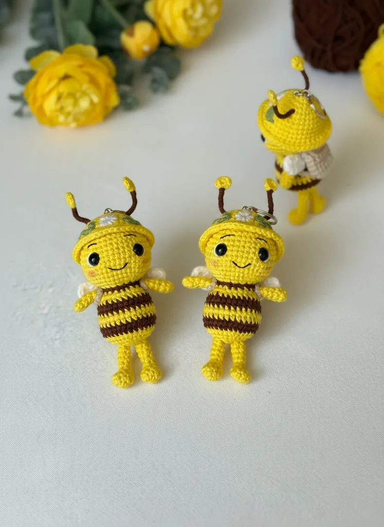 Yellow Tourist Bee Keychain - 100% Cotton Yarn Handmade