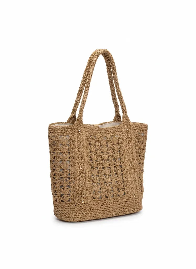 Brown Hand Knitted Straw Lotus Bag - Lined and Zippered