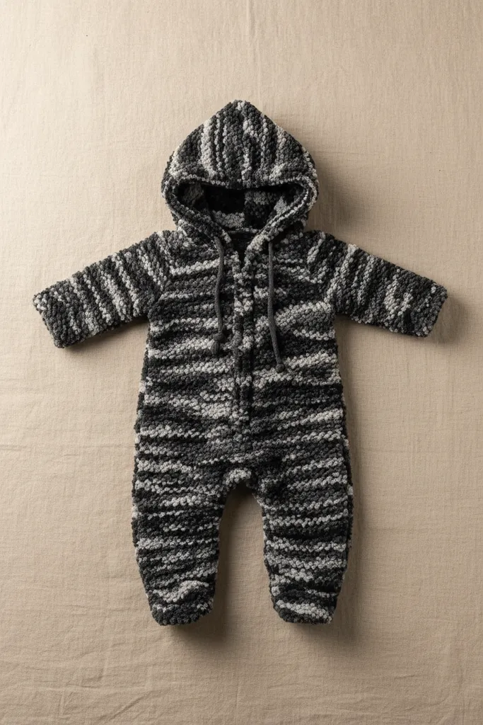 Gri-Beyaz Şeritli Kapüşonlu Bebek Tulum - Yumuşak Dokulu, Özel Örgü
