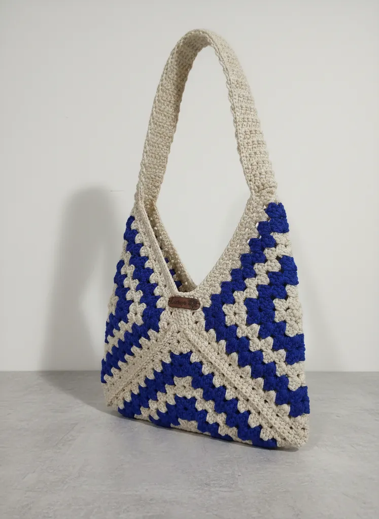 Cream and Blue Macrame Shoulder Bag - Handmade Knitted Bag