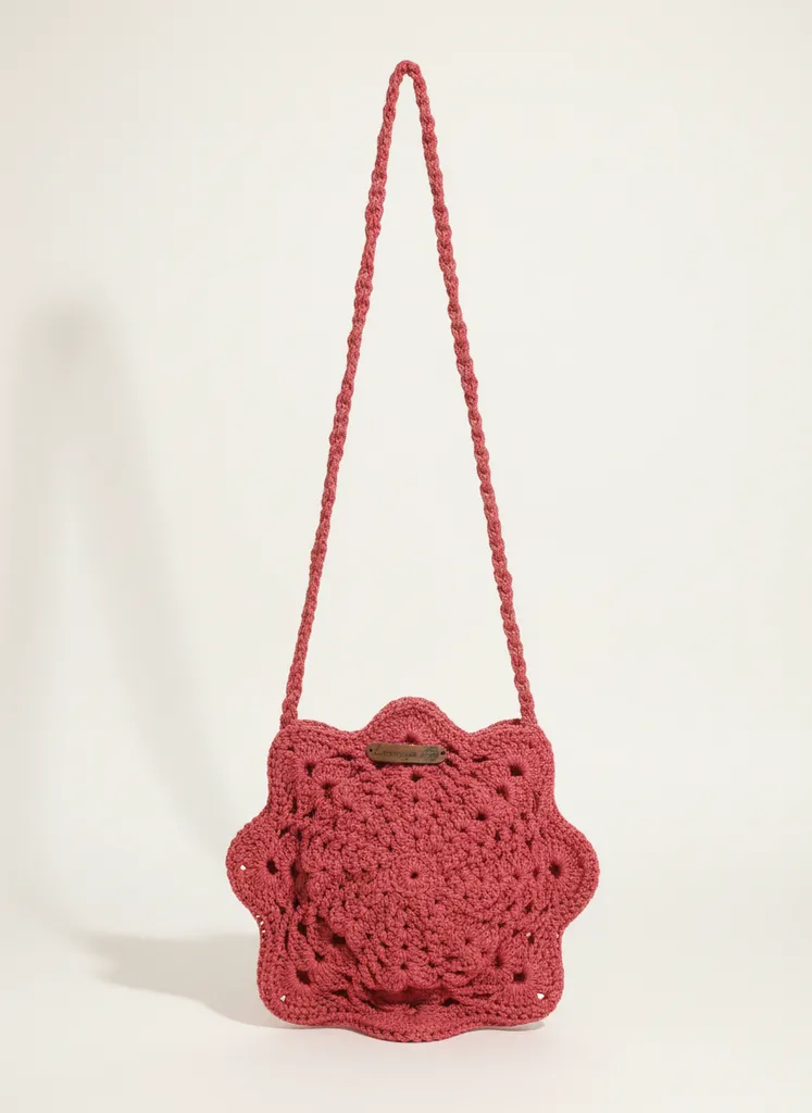Kırmızı Makrome Örgü Yıldız Model Omuz Çantası - El Emeği