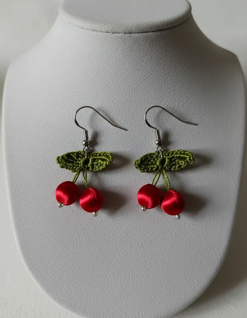 Red Cherry Earrings - Short Length, Silk Detail, Handmade