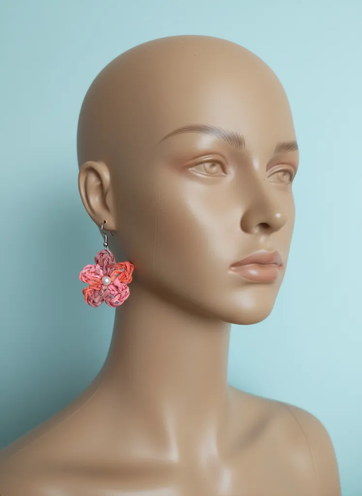 Pink and Orange Paper Yarn Flower Earrings with Pearl Detail - Handmade