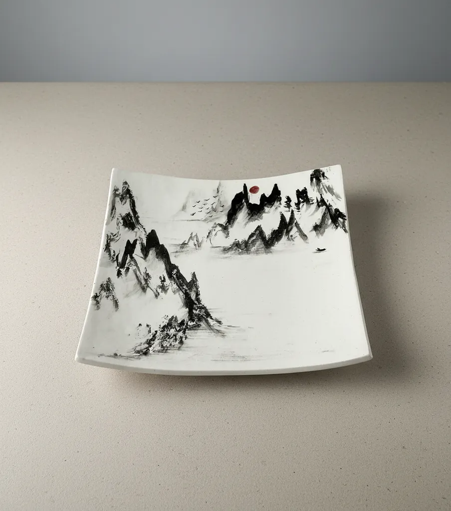 Seramik Kare Tabak Takımı - Lavi Tekniği ile Dağ Manzaralı 4'lü