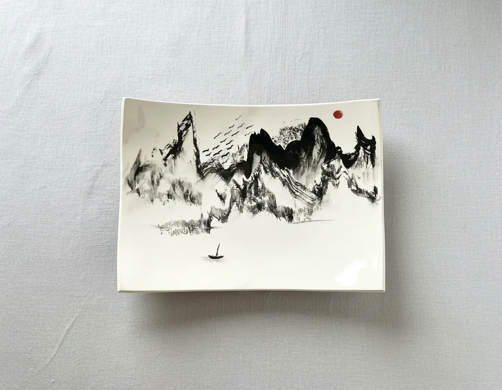 Yapımı Seramik Kayık Sunum Tabağı - Manzara Desenli 27x20 cm - El