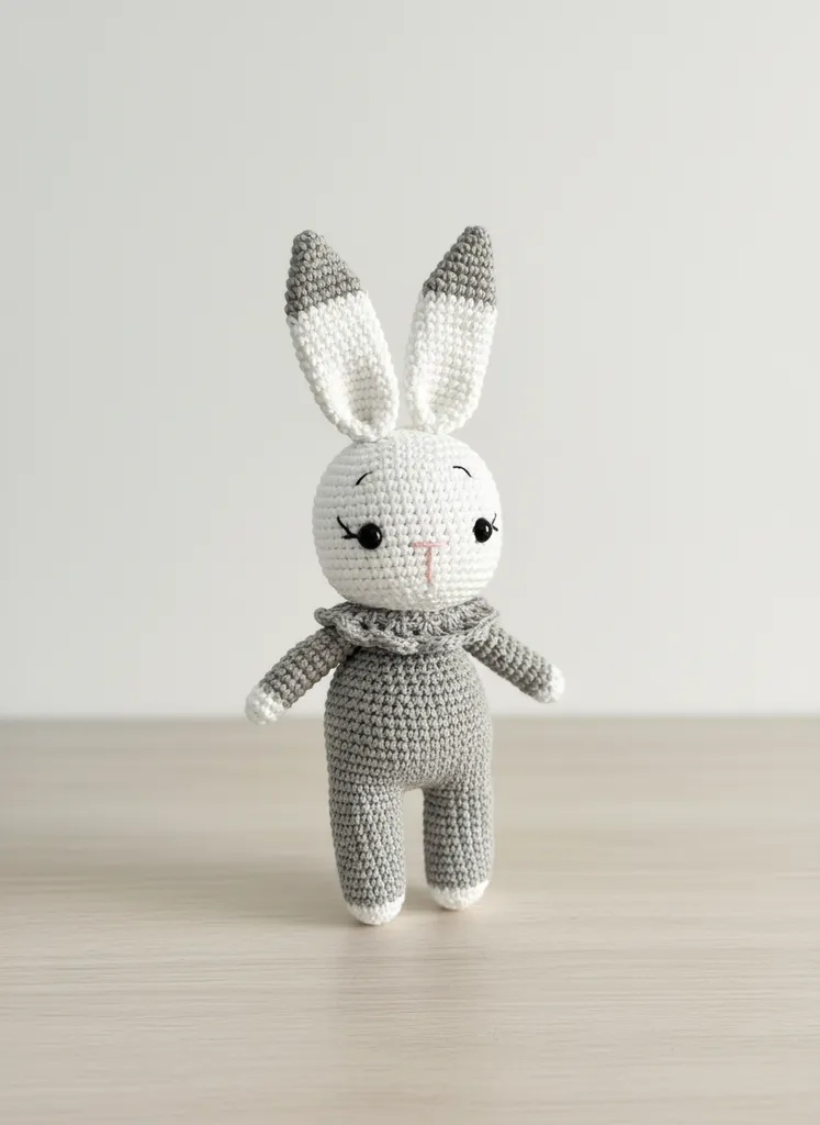 Gri ve Beyaz Renkli Amigurumi Tavşan Oyuncak Bebek - El Emeği
