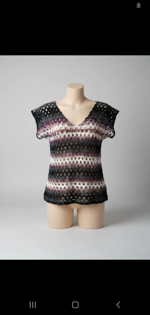 File Örgü Bayan Bluz - Siyah, Bej ve Mor Renk Geçişli - El Örgüsü