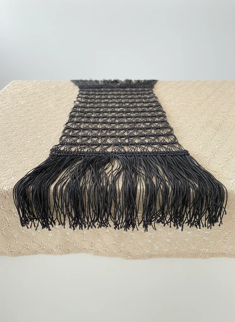 Siyah Makrome Püsküllü Ranır - Bohem Tarzı Masa Örtüsü (50x120 cm)