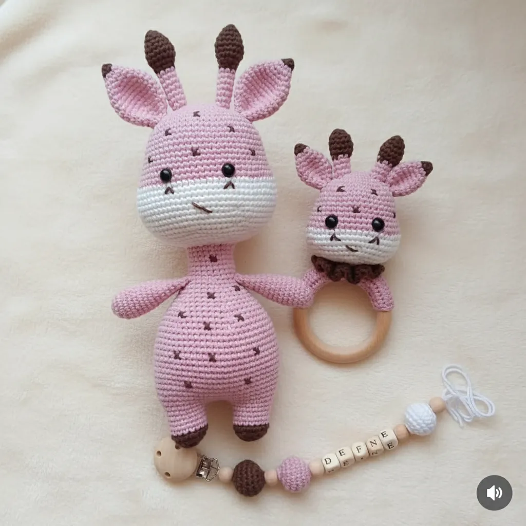 Pembe Amigurumi Zürafa Oyuncak Seti - El Yapımı Bebek Uyku Arkadaşı