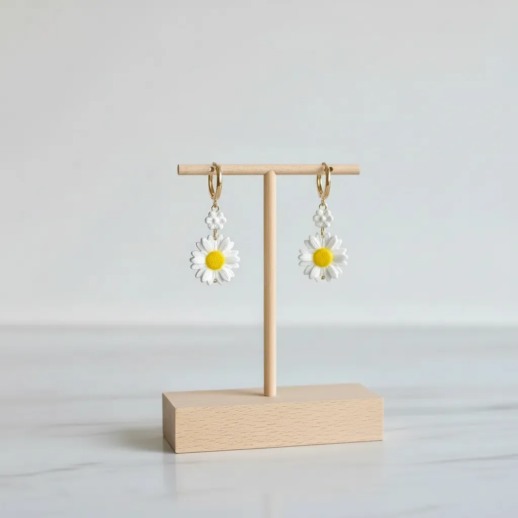 Beyaz Papatya Tasarımlı Polimer Kil Küpe - Altın Renk Detaylı