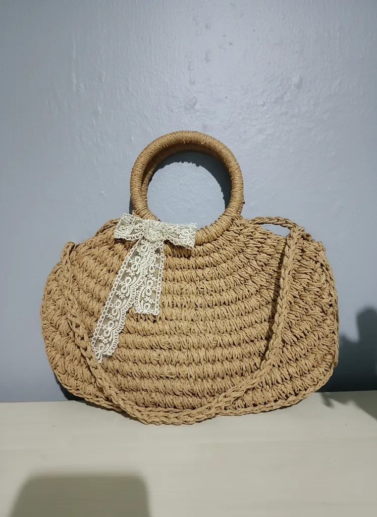 Kağıt İpten Örme Kurdele Detaylı Omuz ve El Çantası - Krem Rengi