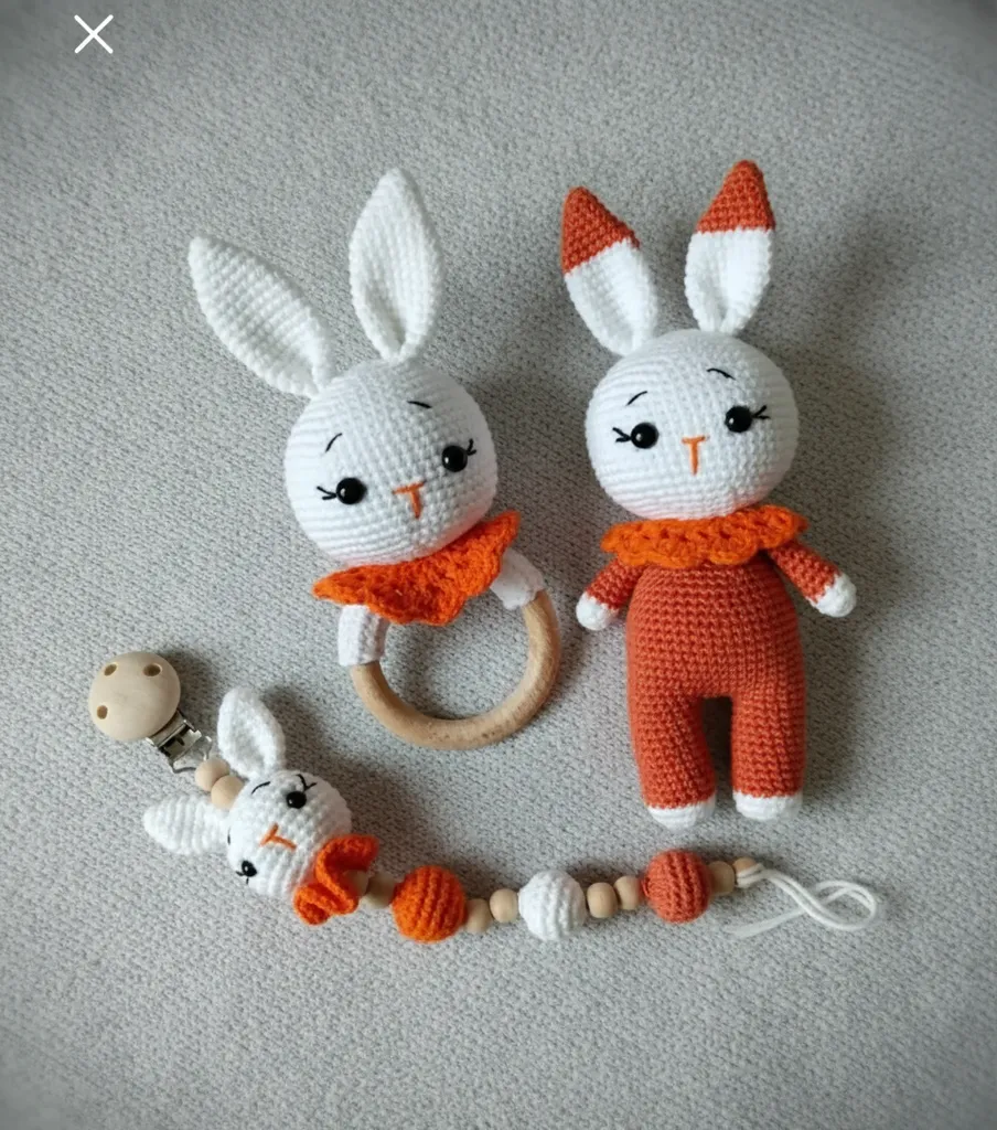 Turuncu Detaylı Amigurumi Tavşan Oyuncak Seti - Bebek ve Çocuklar İçin
