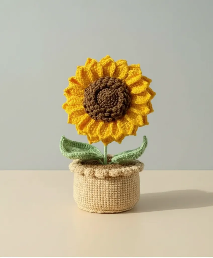 Yellow Knitted Sunflower Pot Plant Decorative Home Office Gift - Handmade