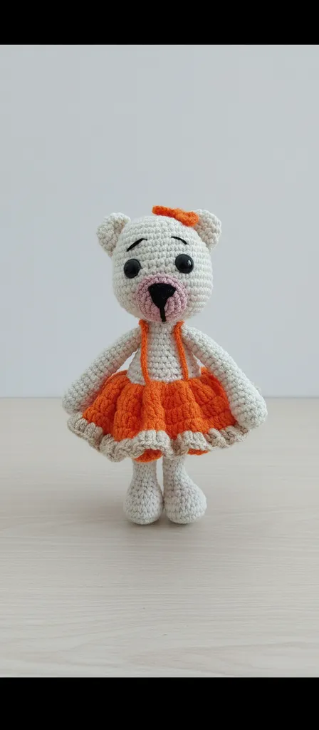 Beyaz Örme Ayıcık Amigurumi Oyuncak - Turuncu Etekli El Emeği