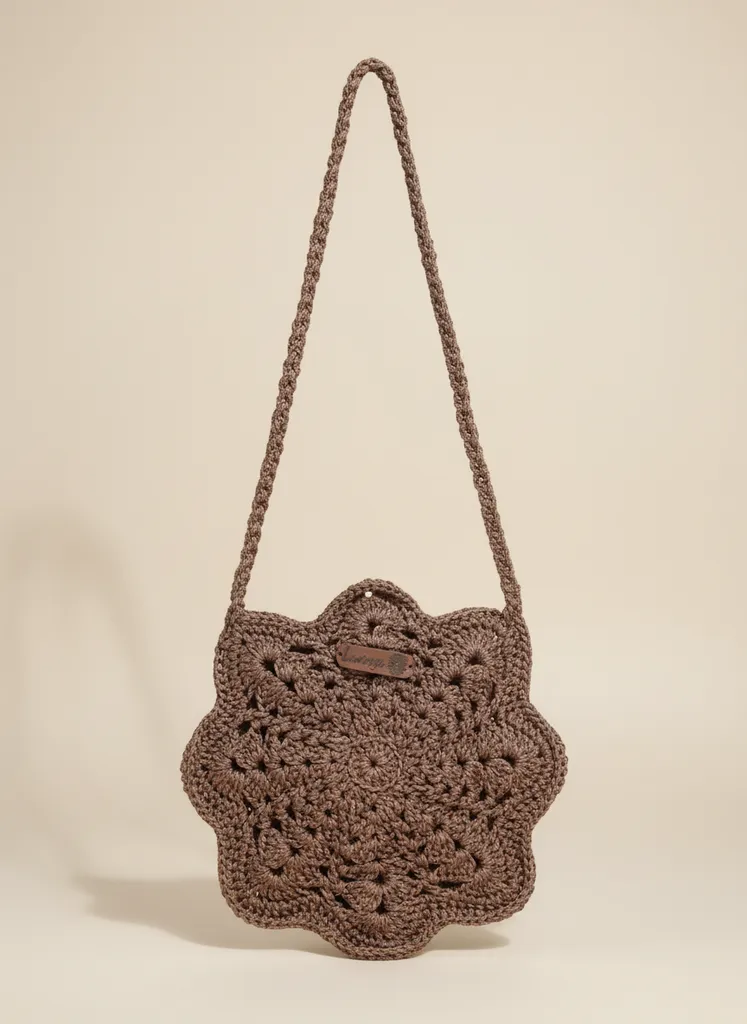 Kahverengi Makrome Örgü Yıldız Model Omuz Çantası - El Yapımı