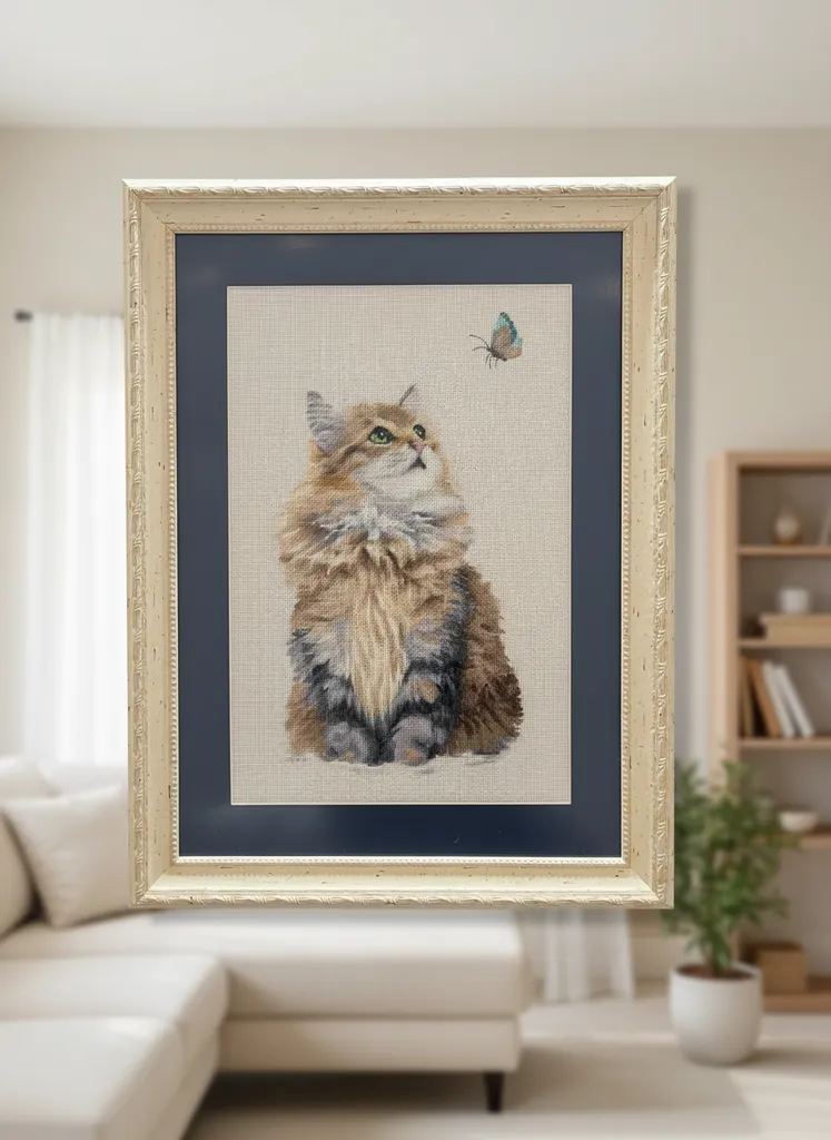 Sevimli Kedi ve Kelebek Kanaviçe Tablo - 35x50 cm - El Yapımı