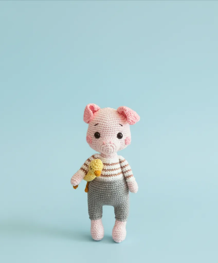 Sevimli Ördek Detaylı Amigurumi Domuzcuk Oyuncak Bebek - 22 cm