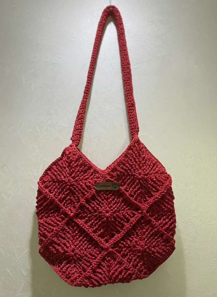 Red Macrame Knitted Shoulder Bag - Mosaic Pattern Handmade