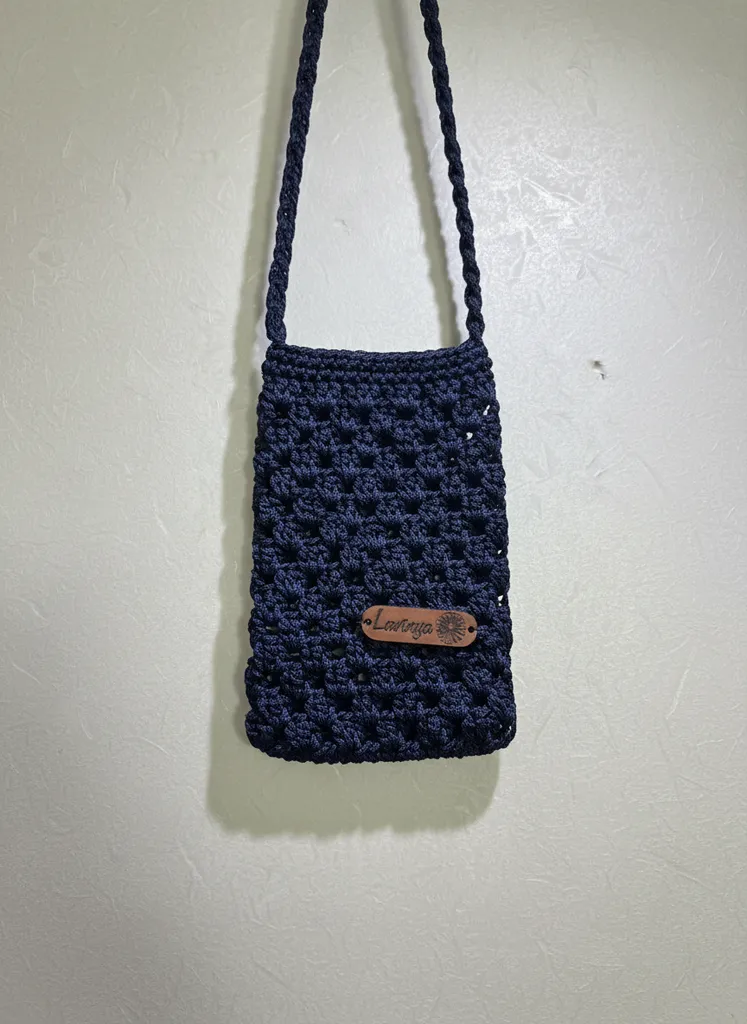 Navy Blue Macrame Knitted Phone Bag - Handmade Design with Strap