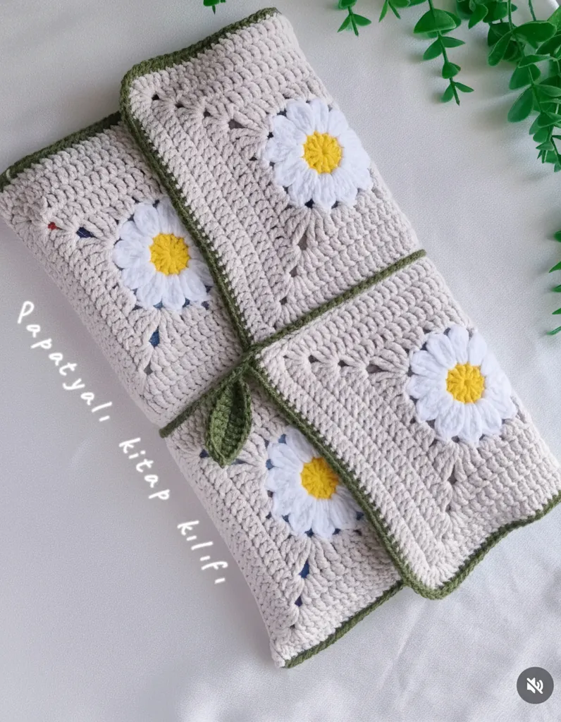 Krem Rengi Papatya Desenli Örgü Kitap Kılıfı - El Emeği