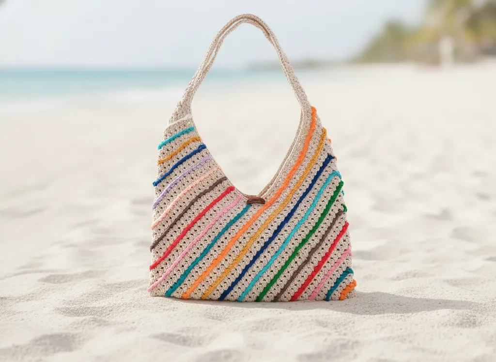 Örgü Plaj Çantası - Renkli Şerit Detaylı, El Örgüsü Tasarım