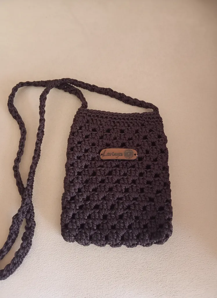 Brown Knitted Phone Bag - Shoulder Strap and Handmade Design