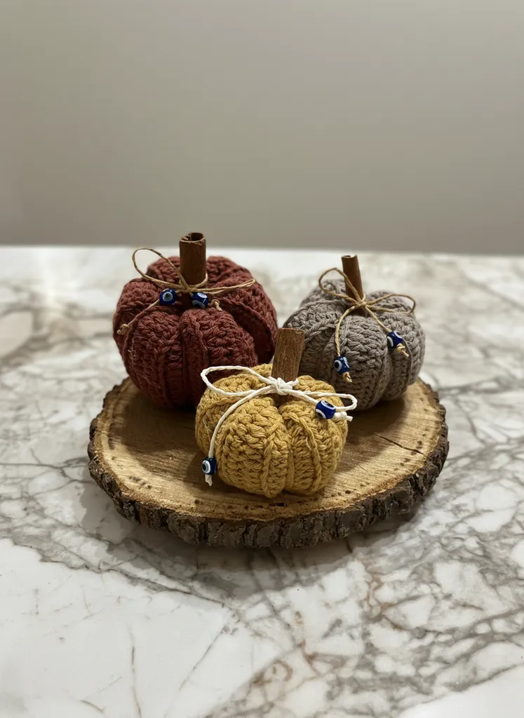 Dekoratif Örgü Bal Kabağı Seti - 3'lü El Emeği Sonbahar Dekorasyonu
