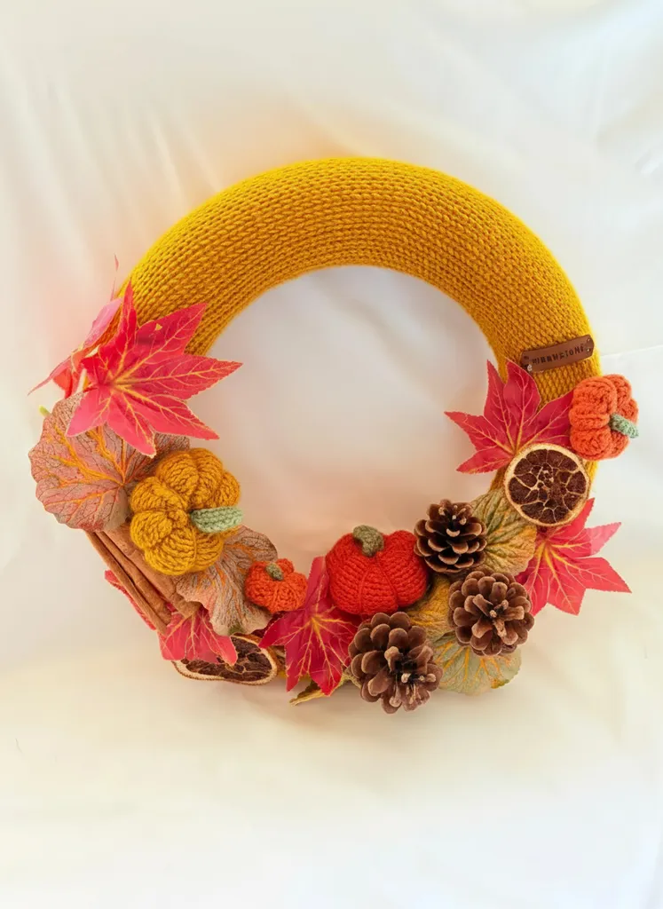Örgü Kabaklı Sonbahar Temalı Kapı Süsü - Sarı Renkli Halka