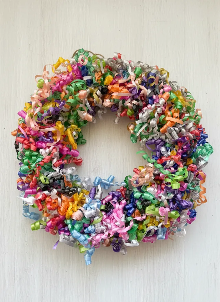 Renkli Kıvırcık Rafya İpliği Kapı Süsü - 28cm Dekoratif Çelenk