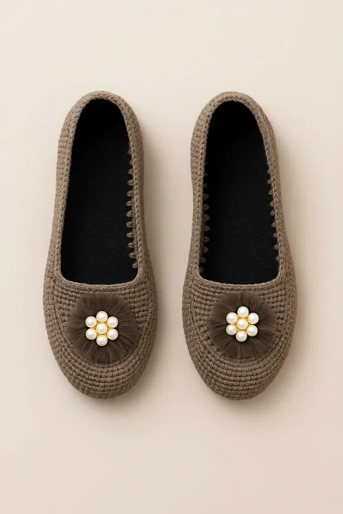 Coffee Toned Pearl Detail Knitted Home Slippers - Handmade
