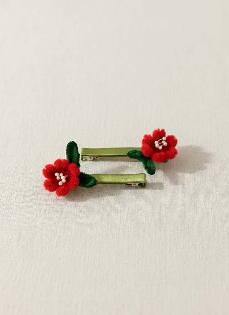 Kırmızı Gelincik Çiçekli Şönil Kıskaçlı Saç Tokası - El Emeği