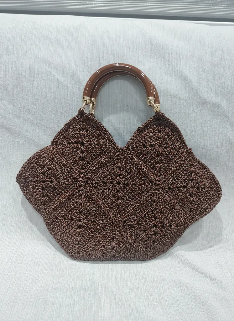 Brown Knitted Handbag - Wooden Handle and Special Design