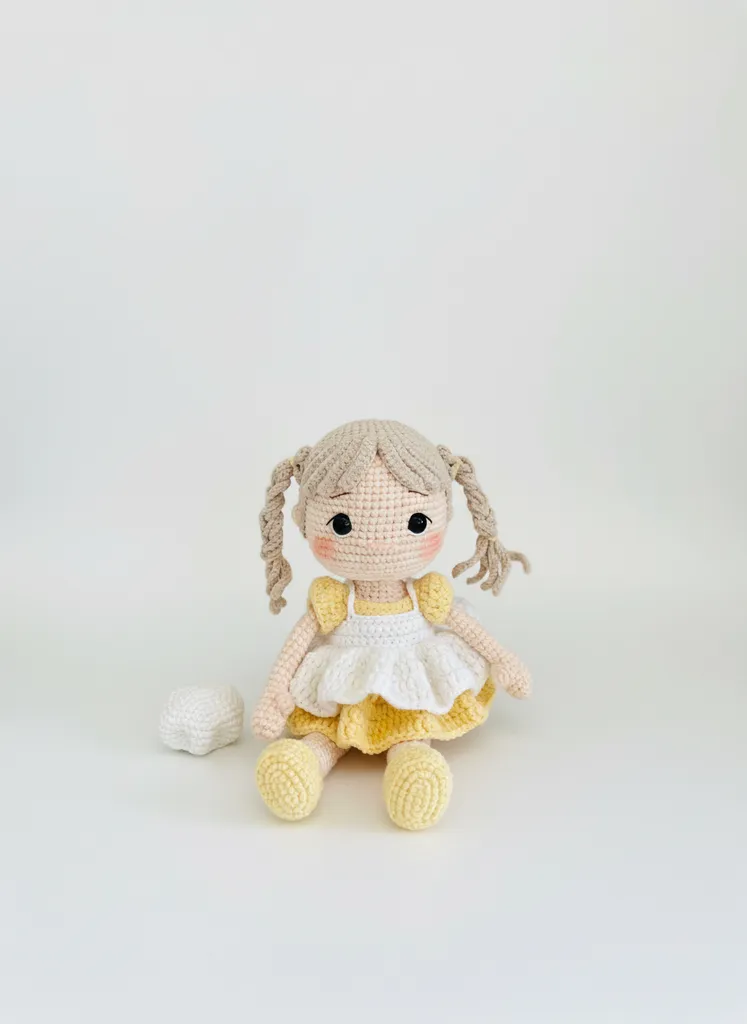 Örgü Bebek Oyuncak - Sarı Elbiseli Pastacı Kız Bebek - El Emeği