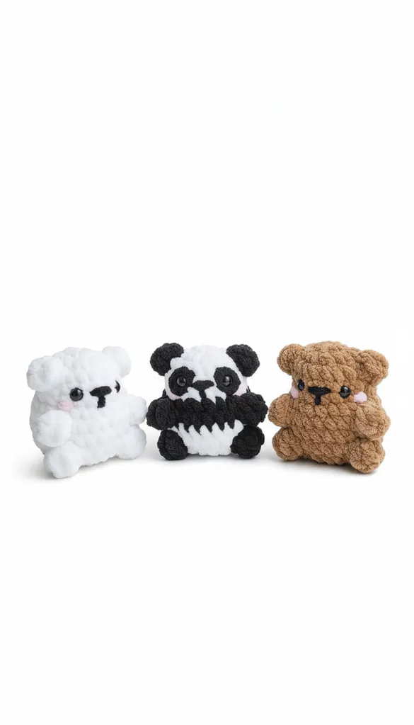 Kadife İple Örülmüş 3'lü Ayıcık Amigurumi Oyuncak Seti (8-9 cm)