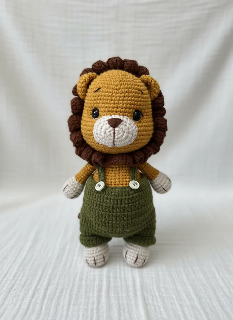 Örme Aslan Bebek Oyuncak - Yeşil Tulumlu Sevimli Aslancık