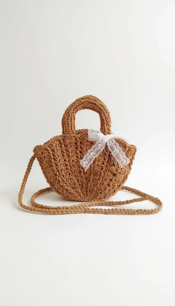 Kahverengi Örgü Omuz Çantası - Beyaz Dantel Detaylı, El Örgüsü