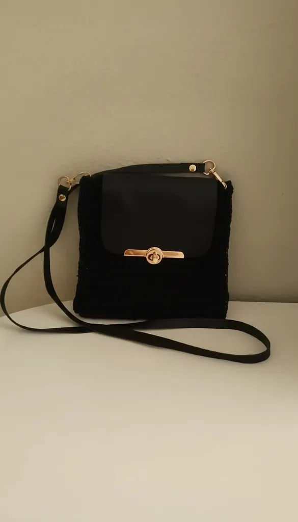 Black Knit Shoulder Bag - Small Size, Leather Detailed, Handmade