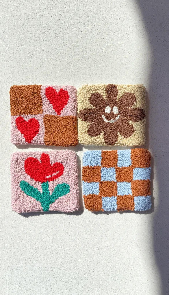 Punch Nakışı Desenli Bardak Altlığı Seti - 4'lü Retro Model