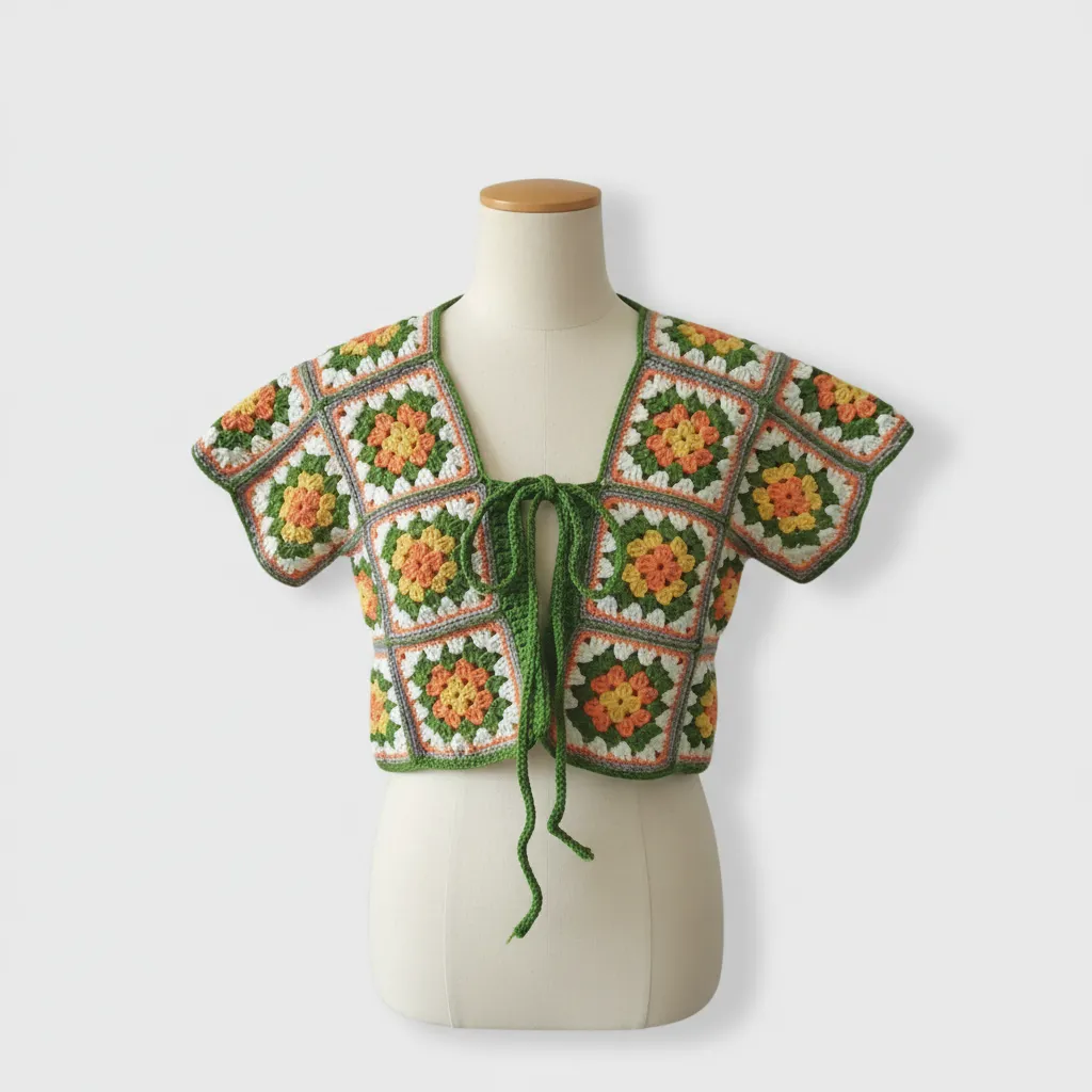 Renkli Motifli Kısa Örgü Bolero Yelek - Pamuklu, Yazlık, El Emeği