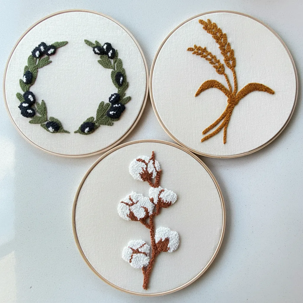 Ahşap Kasnaklı Duvar Dekorları - Zeytin, Buğday, Pamuk Desenli 3'lü Set