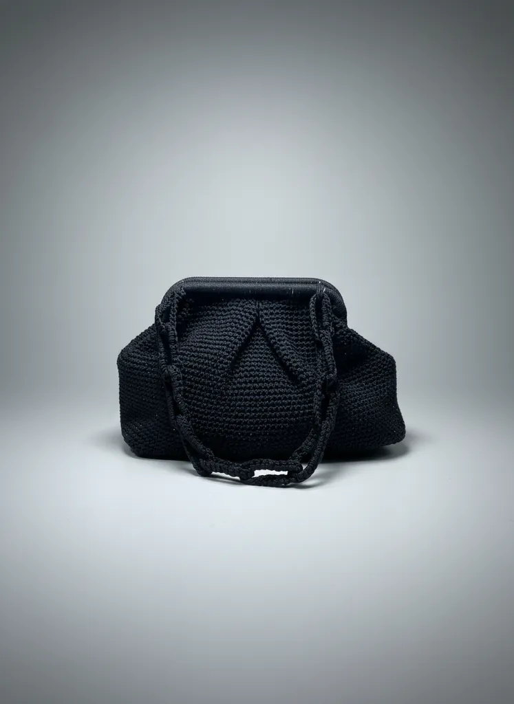 Black Glitter Macrame Knitted Bag with Tassel - Satin Lined and Pocketed