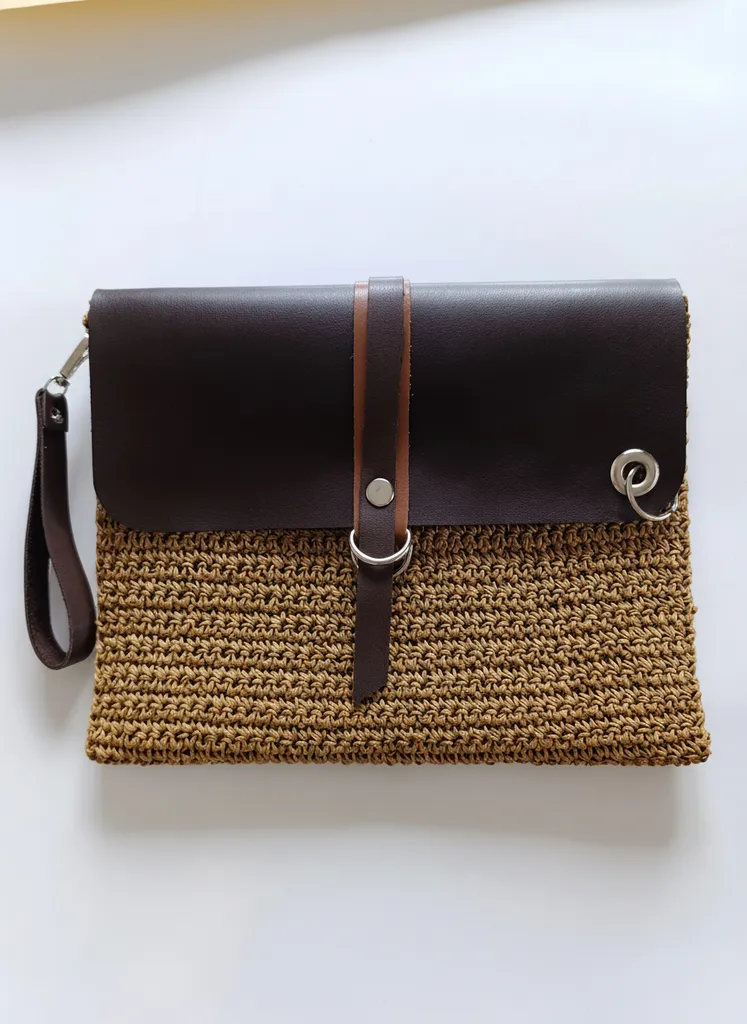 Kahverengi Deri Kapaklı Hasır Örgü Clutch Çanta - El Emeği