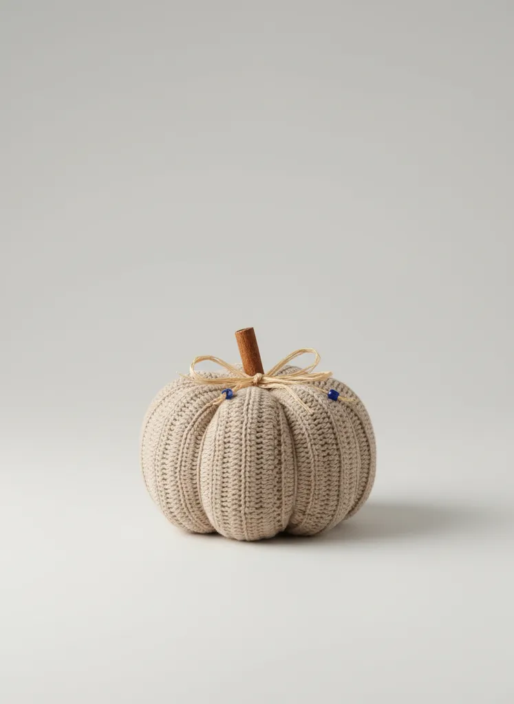 Beige Knitted Pumpkin Decorative Object - 18 Cm Handmade