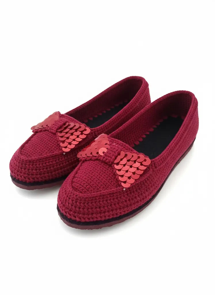 Red Knitted Moccasin Slipper - Sequined Detail, Suitable For Indoor Use