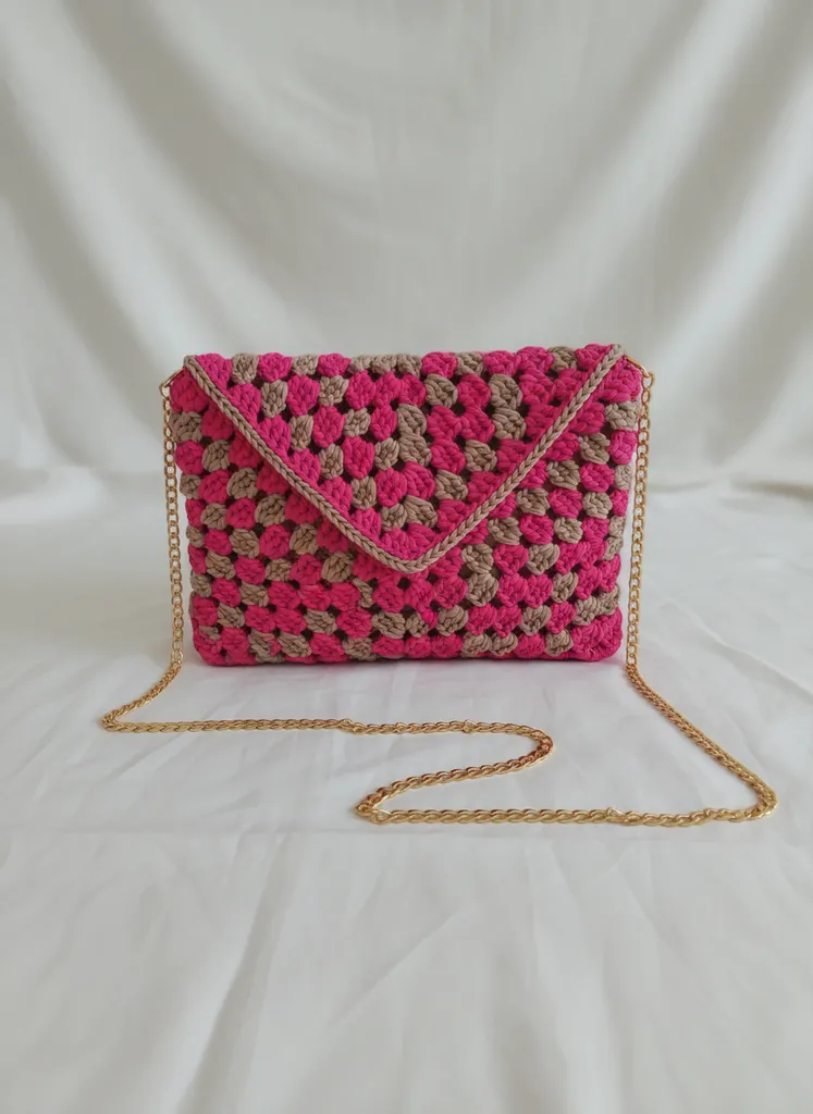 Pink and Beige Knitted Crossbody Bag with Gold Chain Strap - Handmade