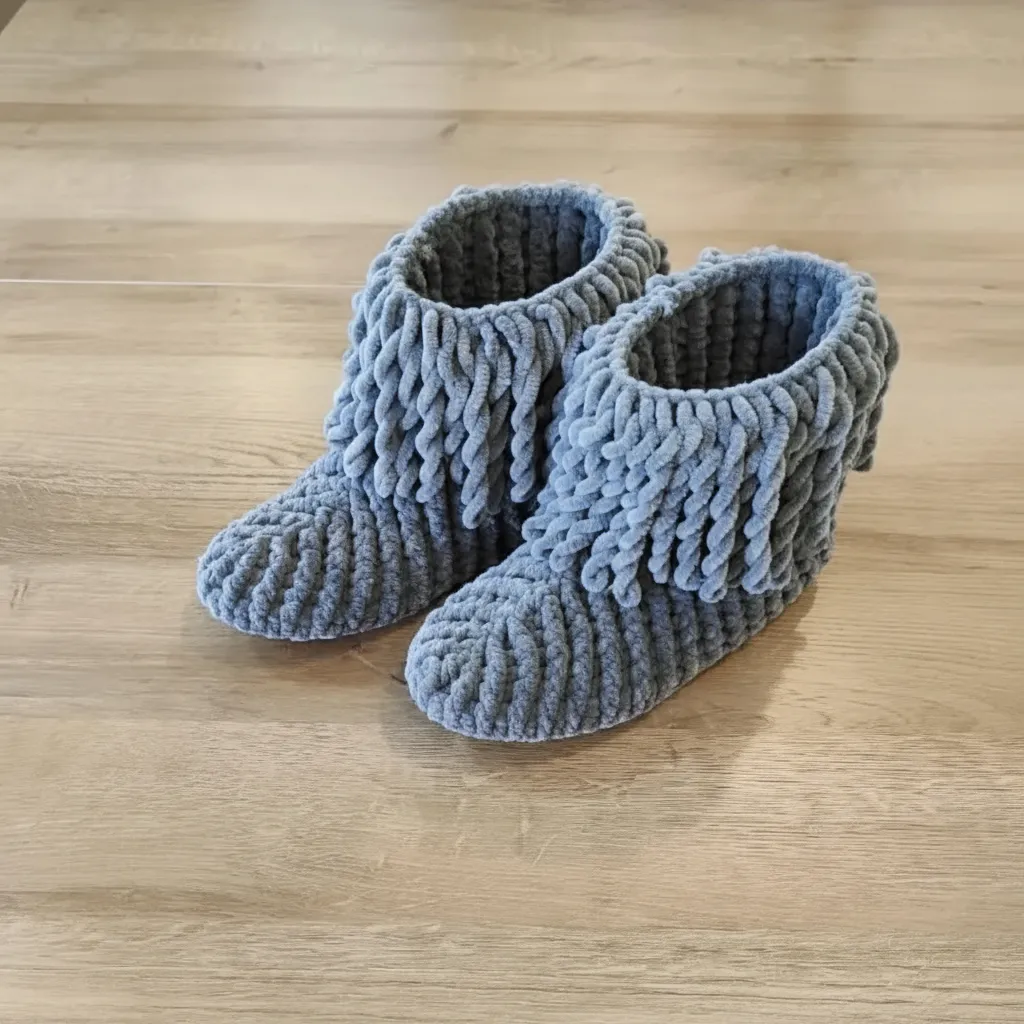 Gray Velvet Knitted Wool Oversized Boot Slipper - Handmade