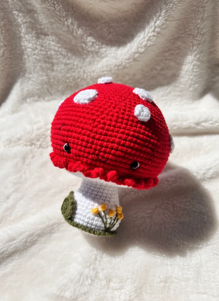 Kırmızı Mantar Figürlü Amigurumi Oyuncak - Dekoratif Puffy Mantar